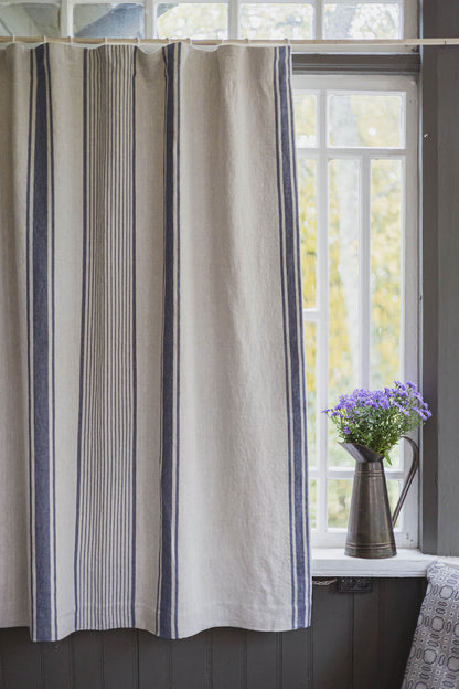 French style blackout linen curtain with blue stripes and multifunctional heading tape