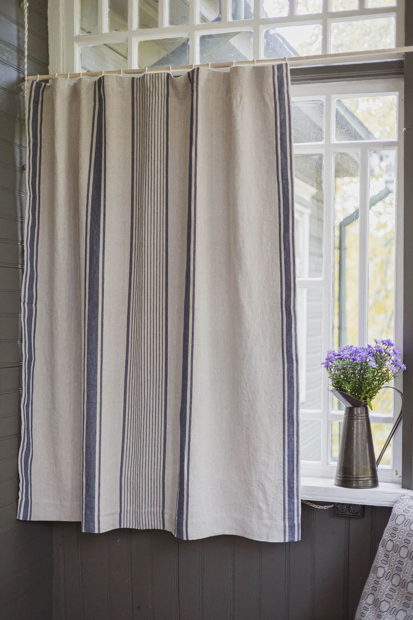 French style blackout linen curtain with blue stripes and multifunctional heading tape
