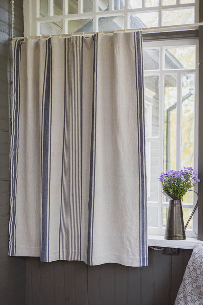 French style blackout linen curtain with blue stripes and multifunctional heading tape