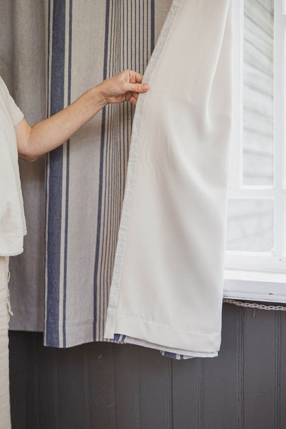 French style blackout linen curtain with blue stripes and multifunctional heading tape