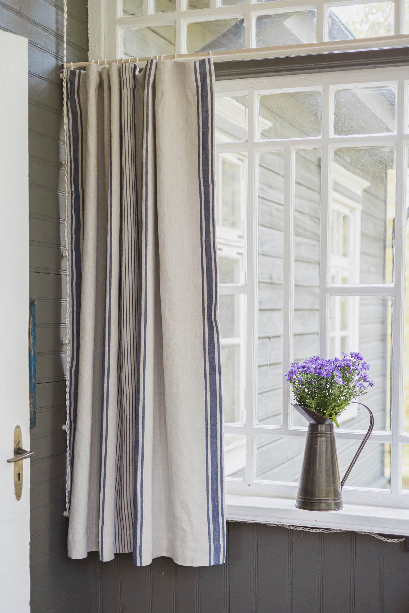 French style blackout linen curtain with blue stripes and multifunctional heading tape