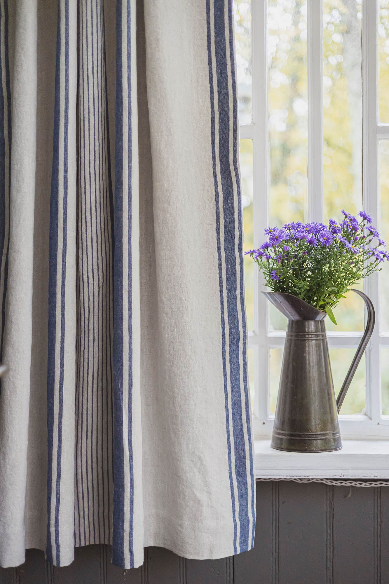 French style blackout linen curtain with blue stripes and multifunctional heading tape
