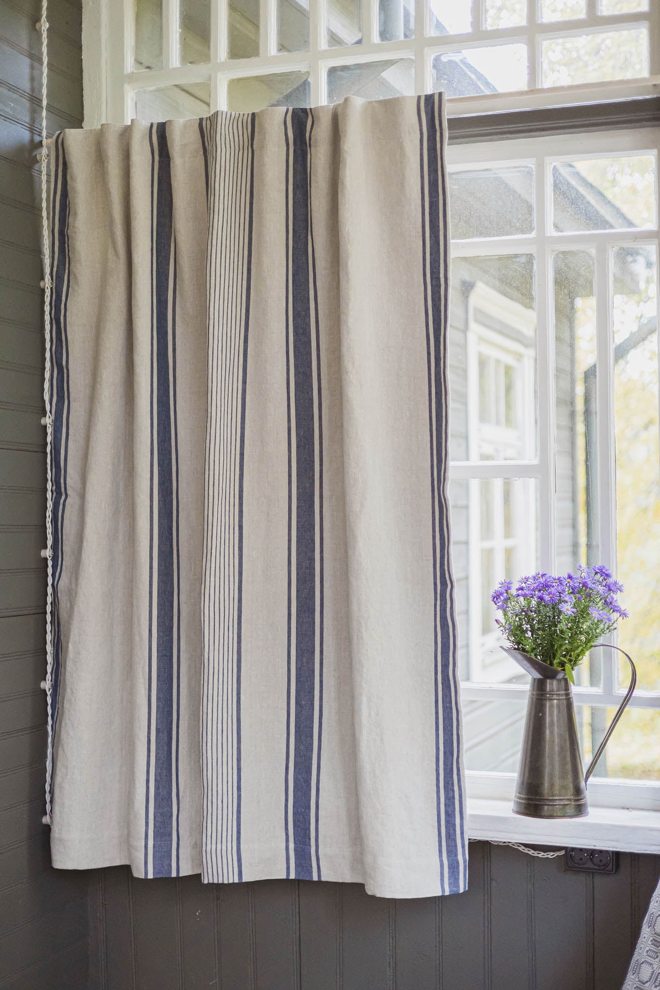 French style blackout linen curtain with blue stripes and multifunctional heading tape