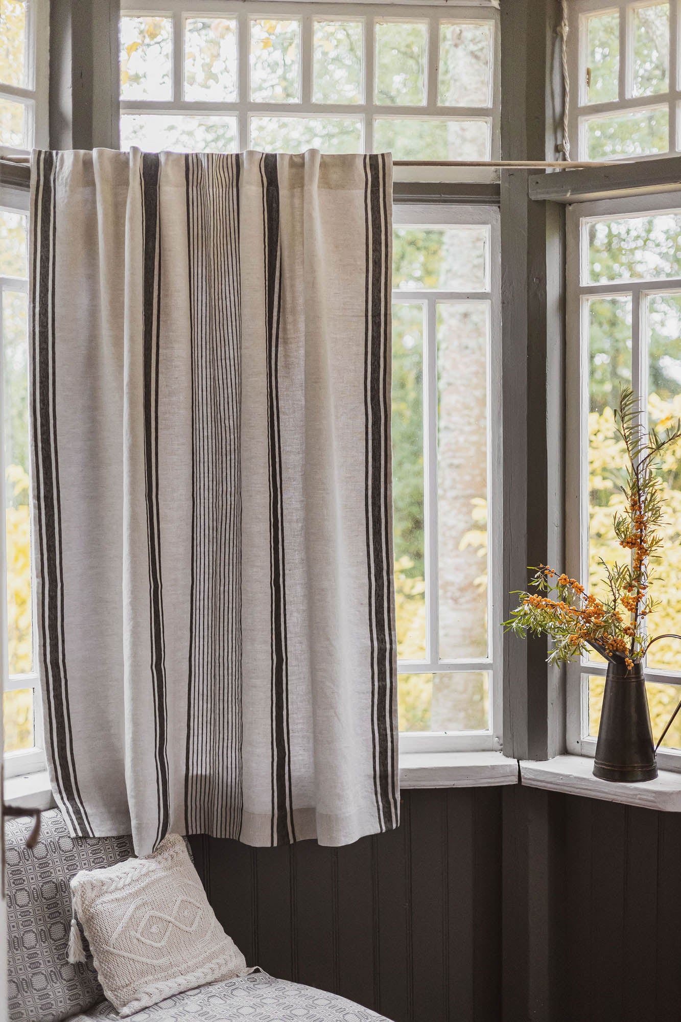 French style linen curtain with black stripes, cotton lining, and multifunctional heading tape
