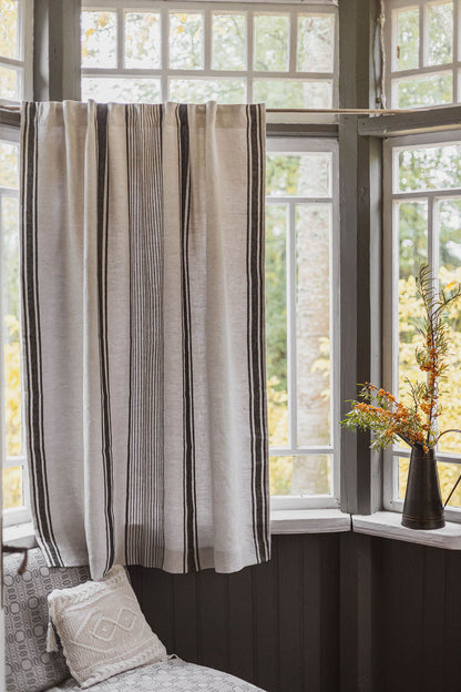 French style linen curtain with black stripes, cotton lining, and multifunctional heading tape