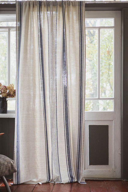 French style linen curtain with blue stripes
