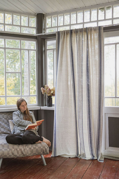 French style linen curtain with blue stripes