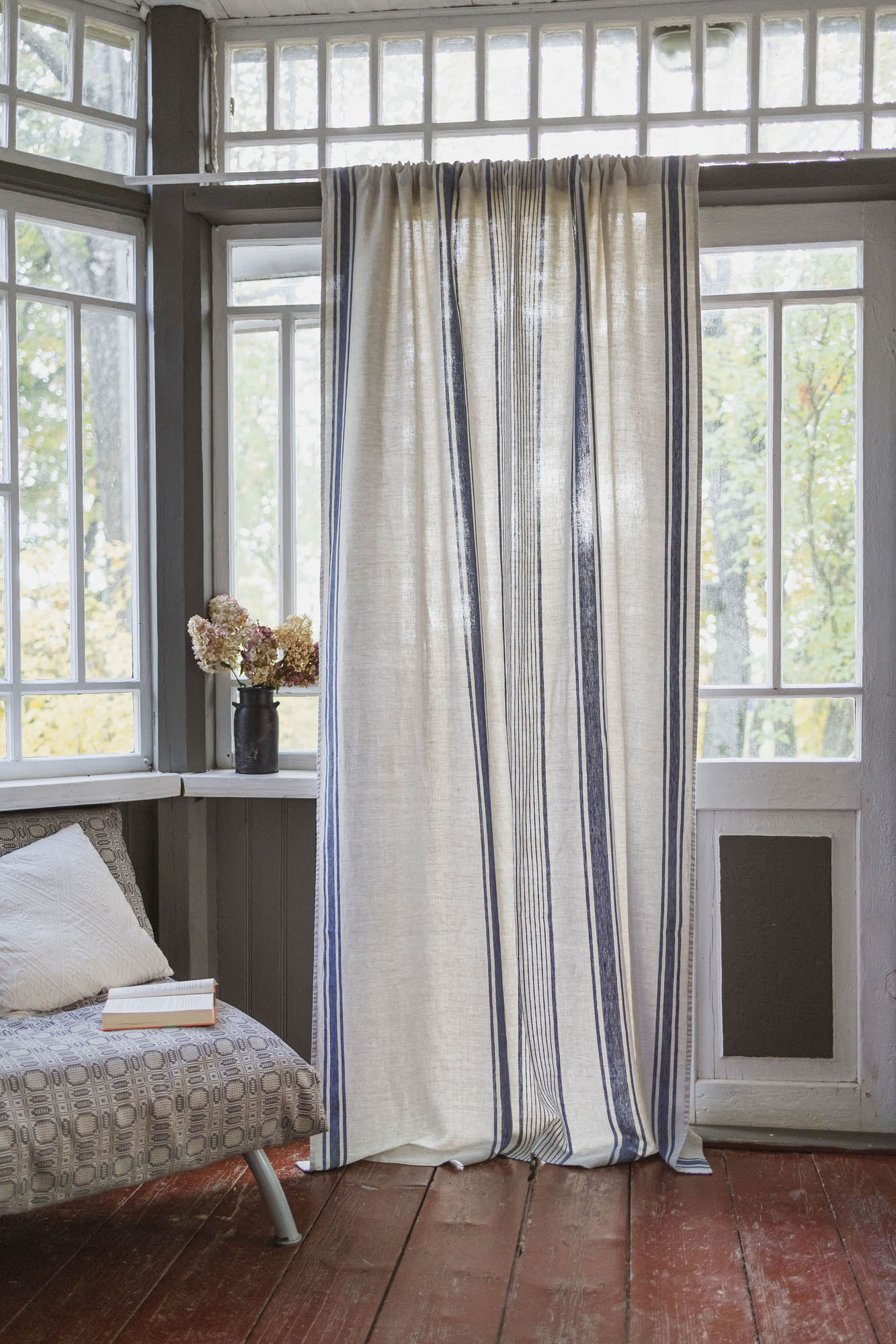 French style linen curtain with blue stripes