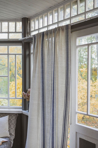 French style linen curtain with blue stripes