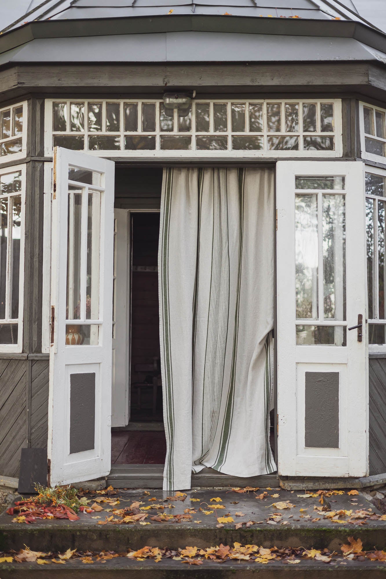 French style linen curtain with green stripes and multifunctional heading tape