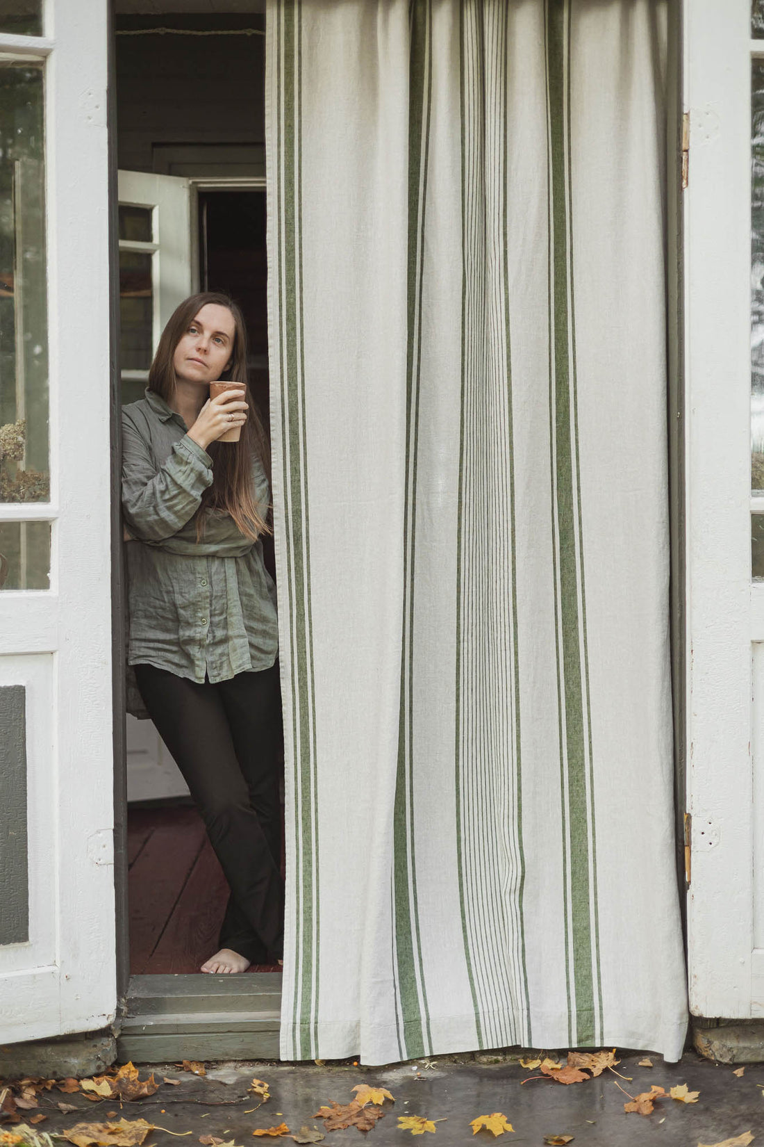 French style linen curtain with green stripes and multifunctional heading tape