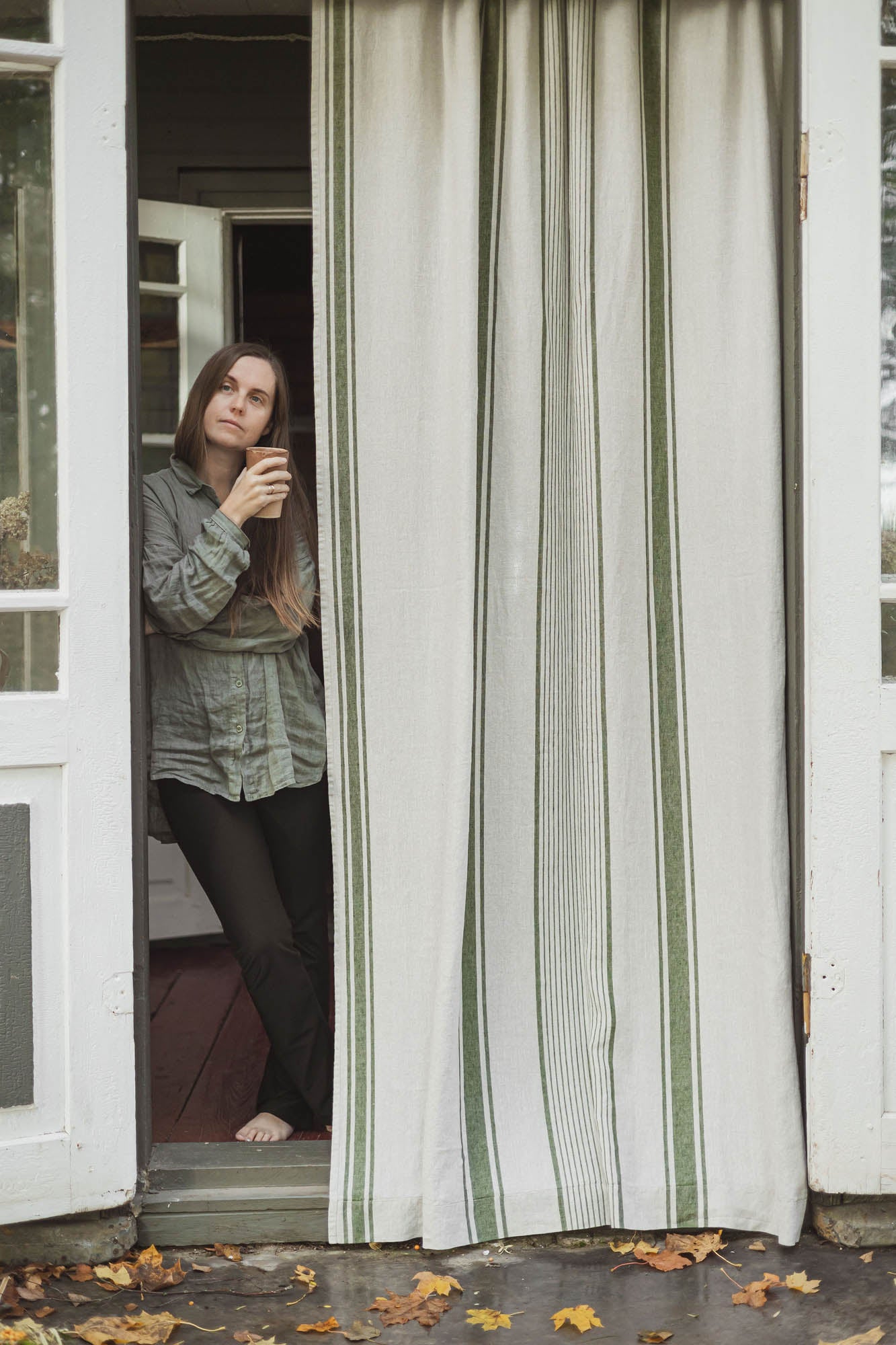 French style linen curtain with green stripes and multifunctional heading tape