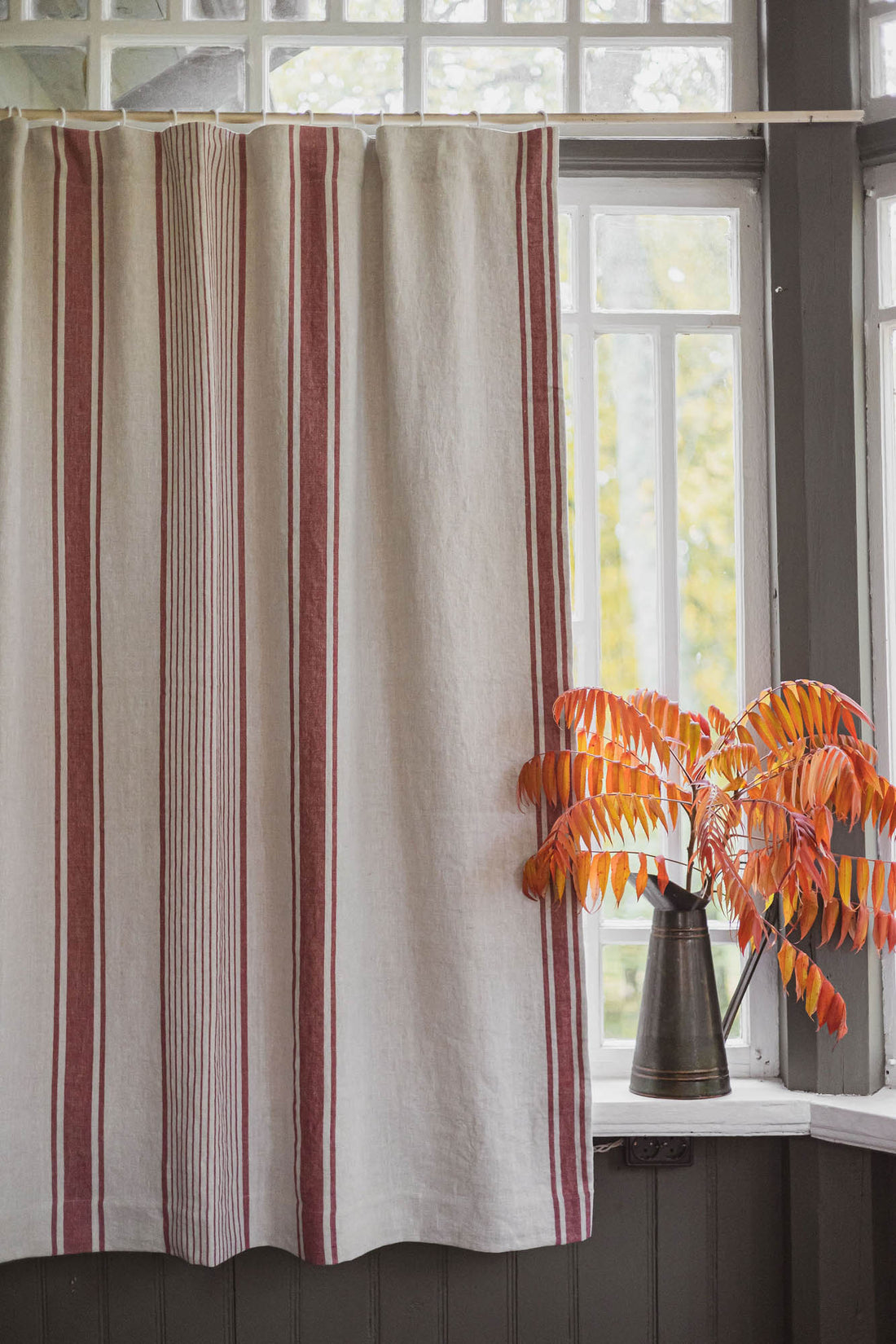 French style blackout linen curtain with cherry red stripes and multifunctional heading tape