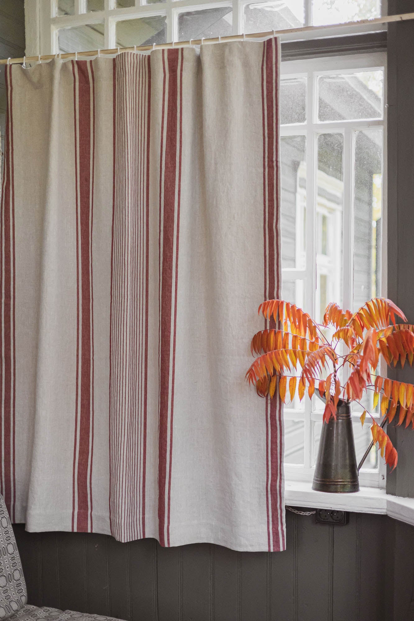French style blackout linen curtain with cherry red stripes and multifunctional heading tape