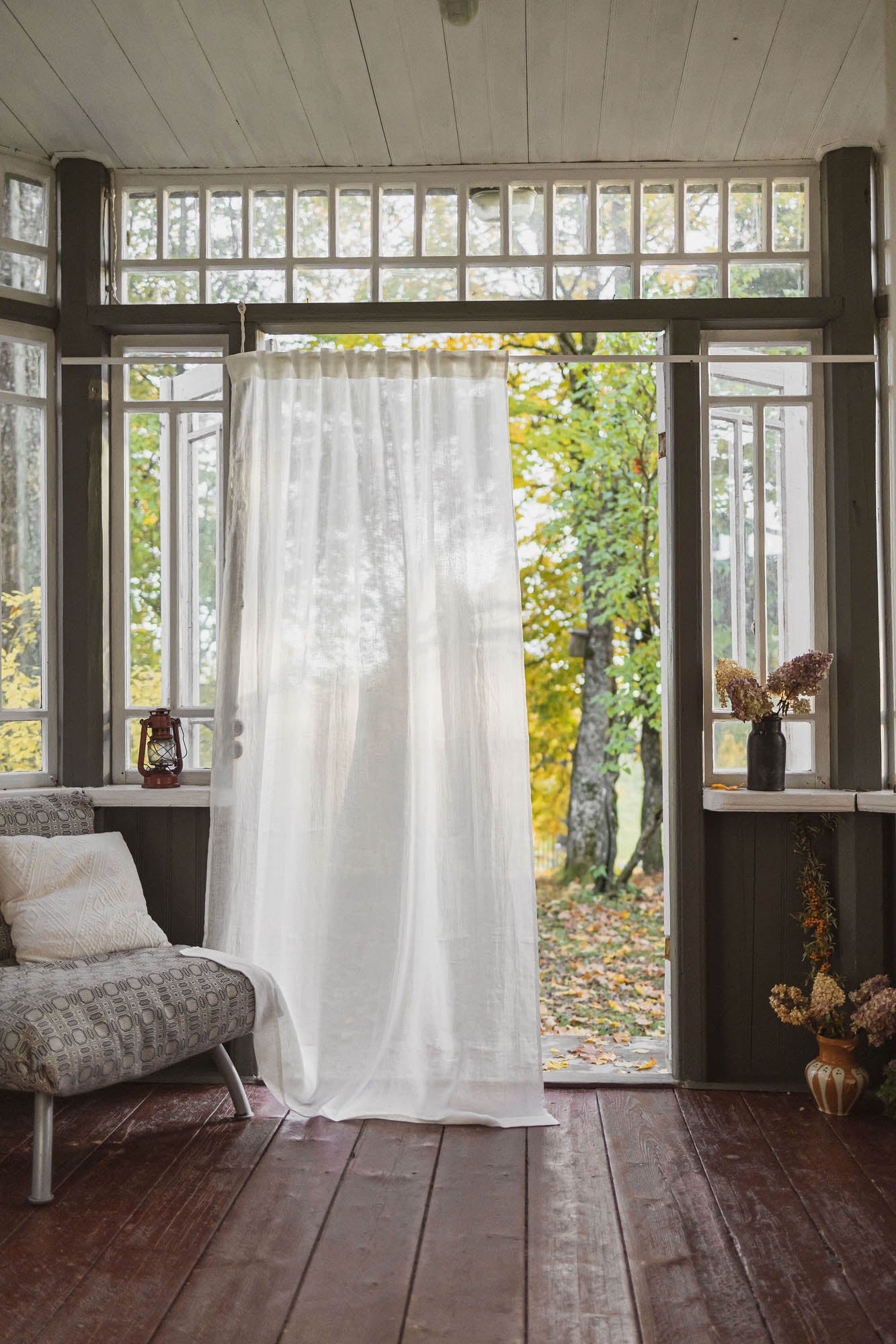 Off white sheer linen curtain with multifunctional heading tape