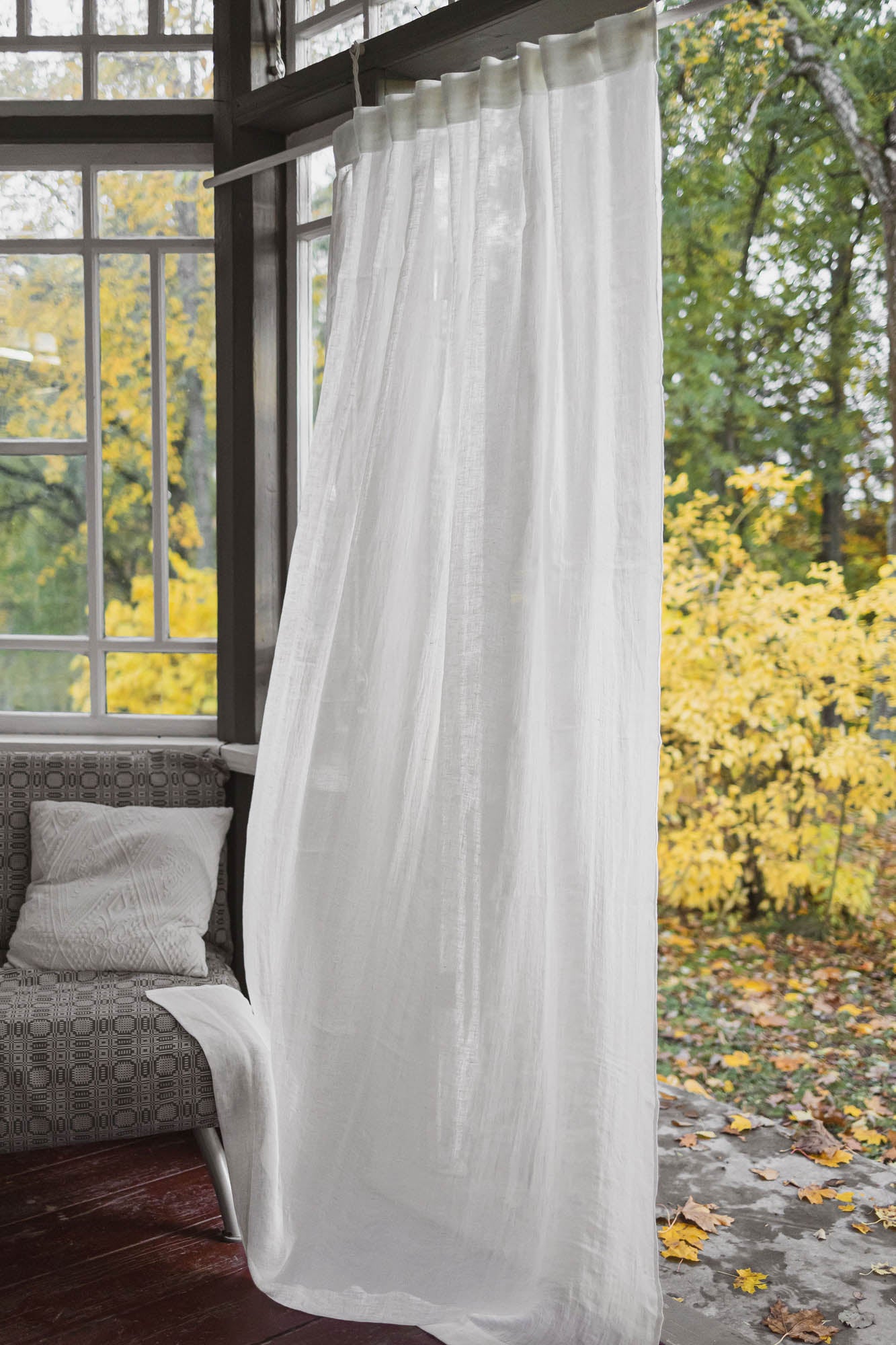 Off white sheer linen curtain with multifunctional heading tape