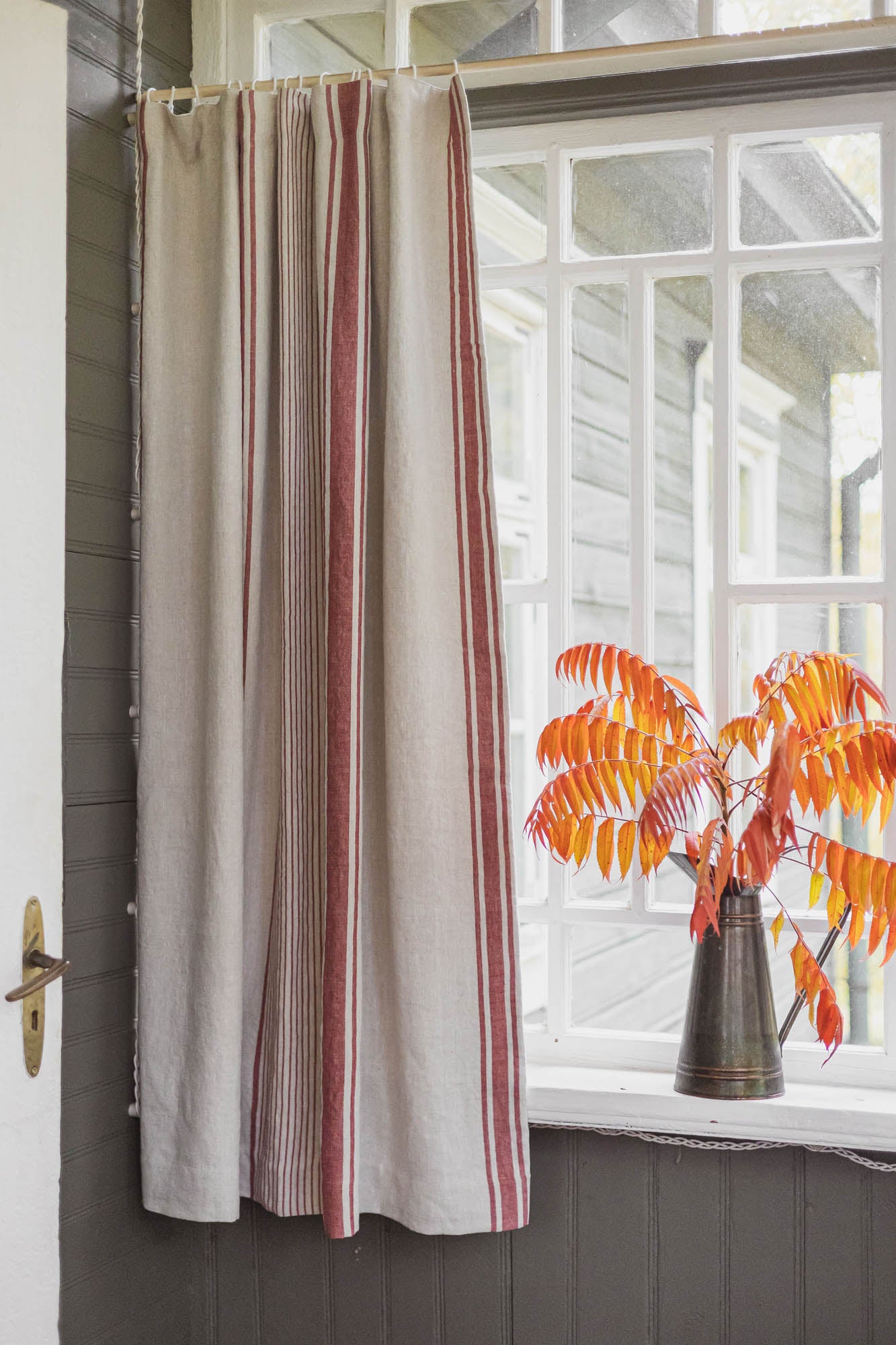French style blackout linen curtain with cherry red stripes and multifunctional heading tape