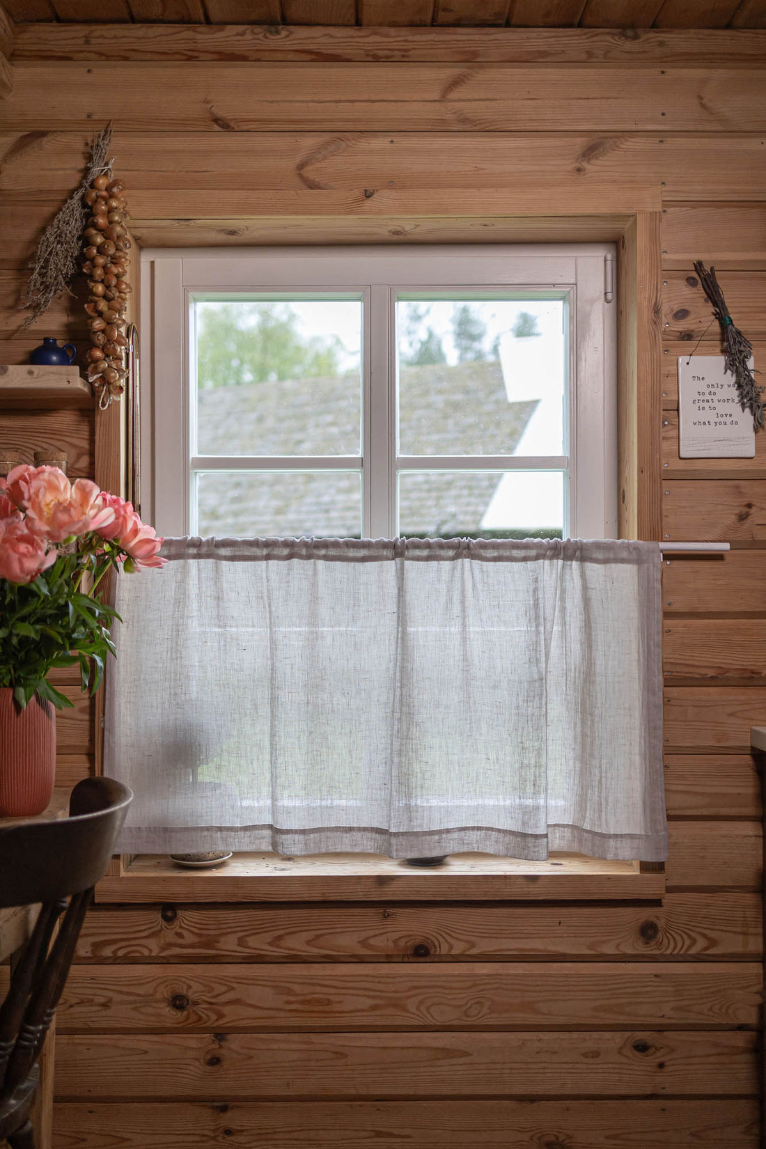 Sheer linen cafe curtain in white sand