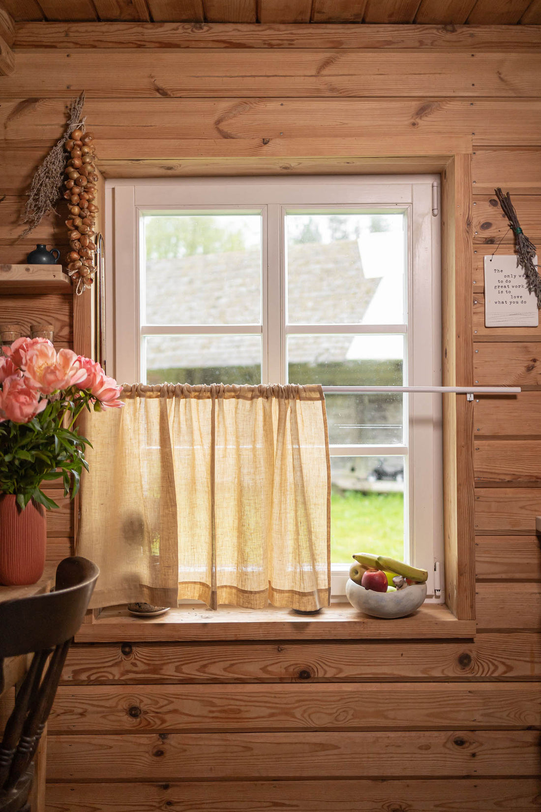 Sheer linen cafe curtain in wheat