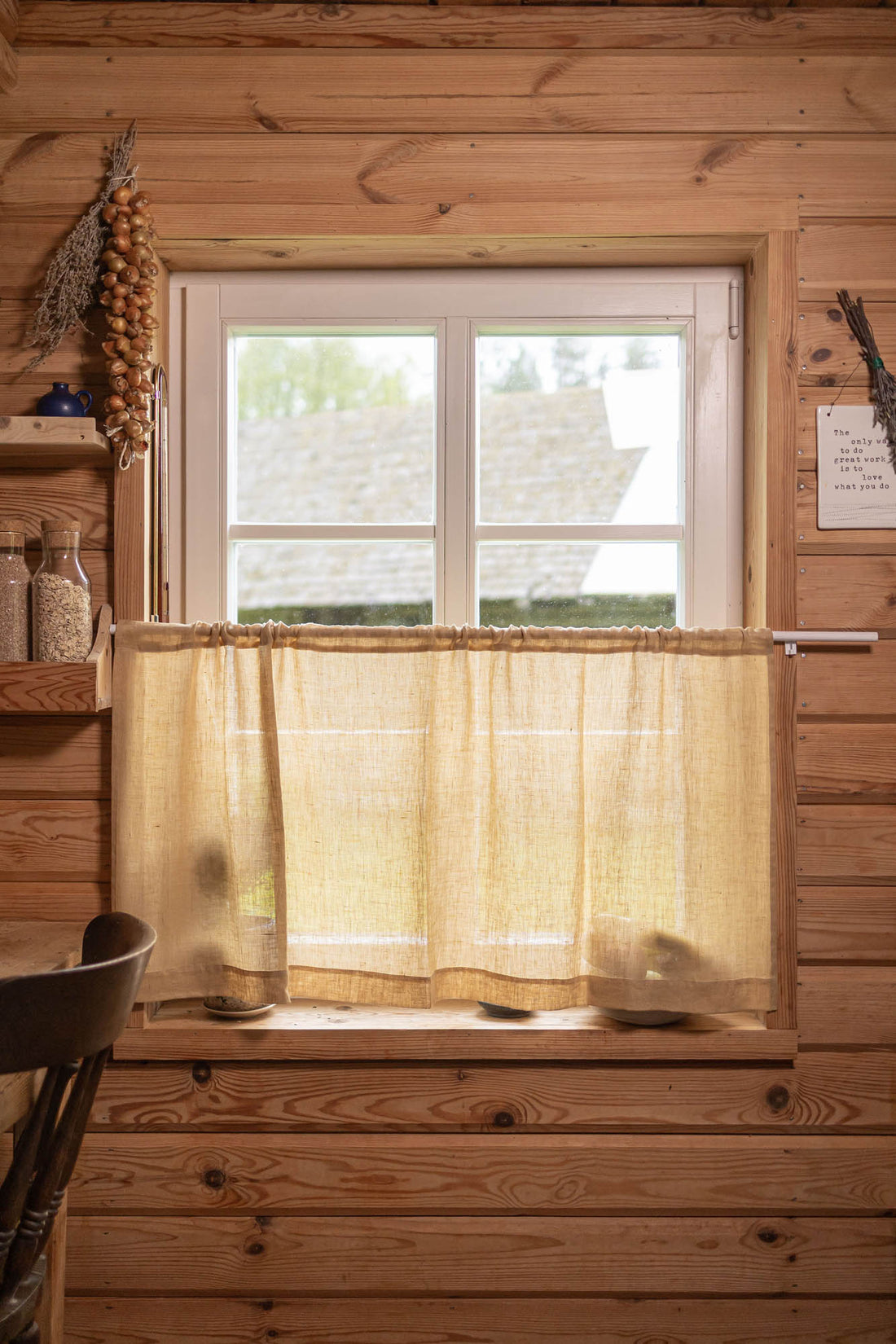 Sheer linen cafe curtain in wheat