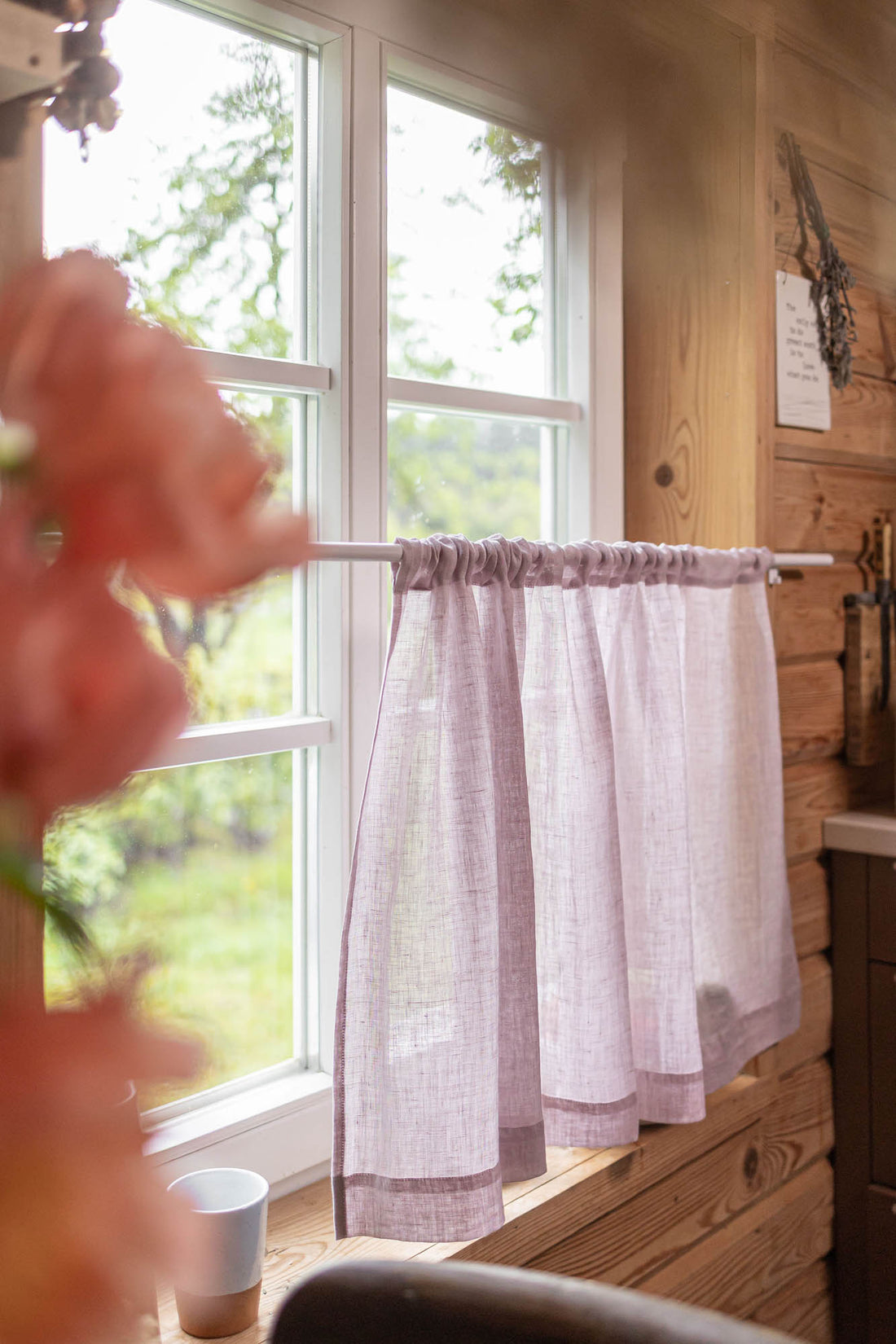 Sheer linen cafe curtain in light lilac