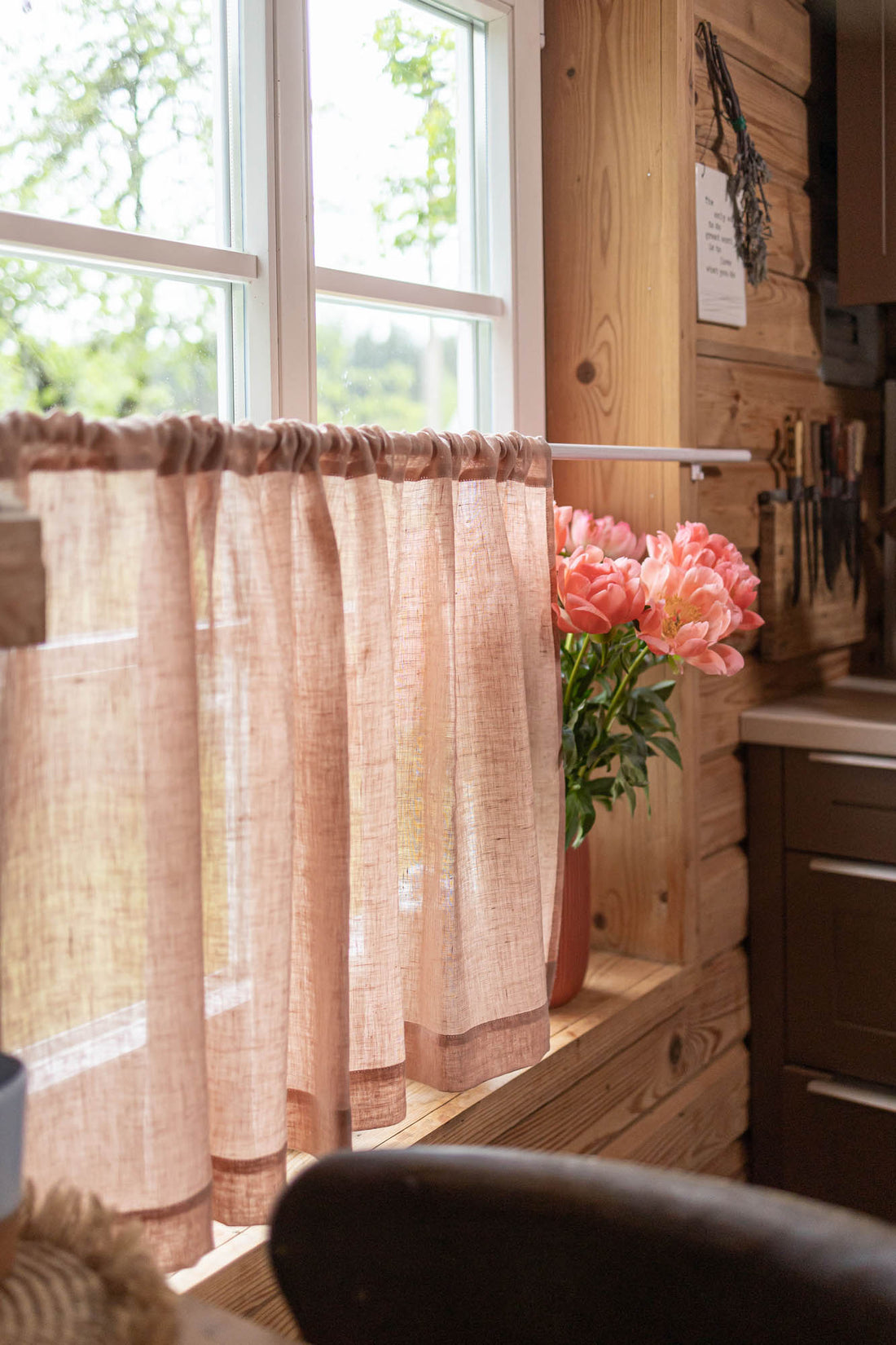 Sheer linen cafe curtain in misty rose