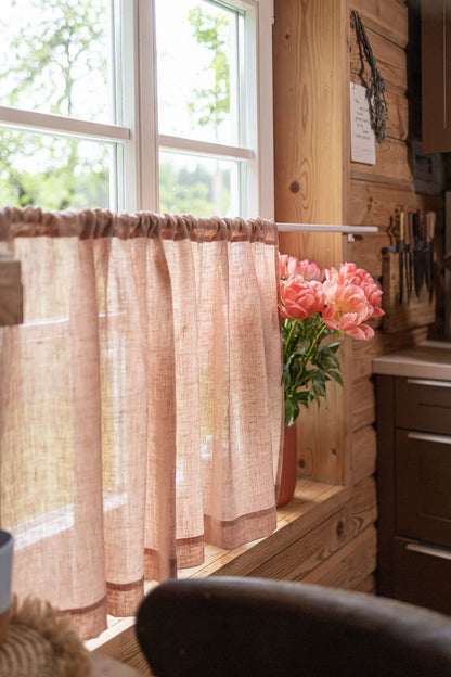 Sheer linen cafe curtain in misty rose
