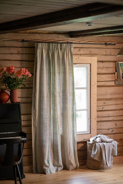 Pencil pleat linen curtain – French style with green stripes