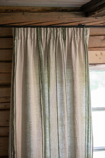 Pencil pleat linen curtain – French style with green stripes