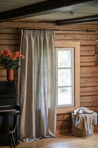 Pencil pleat linen curtain – French style with blue stripes