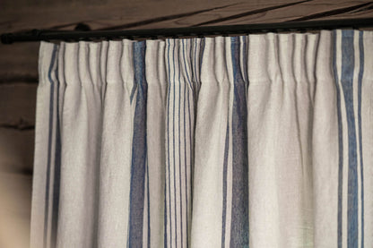 Pencil pleat linen curtain – French style with blue stripes