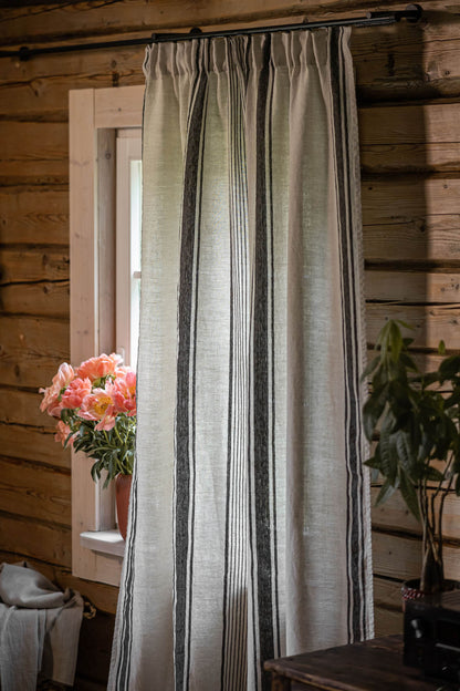 Pencil pleat linen curtain – French style with black stripes