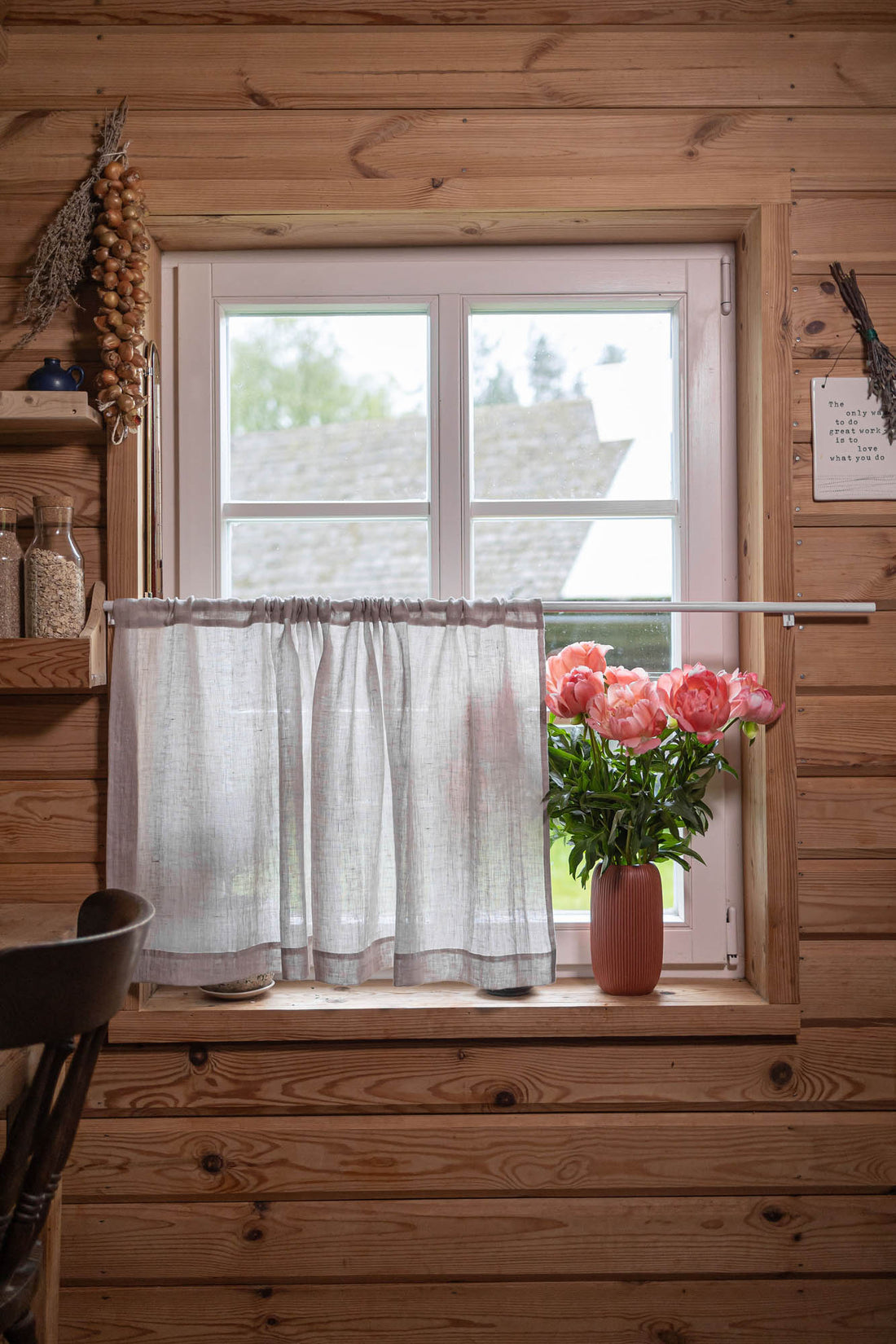 Sheer linen cafe curtain in white sand