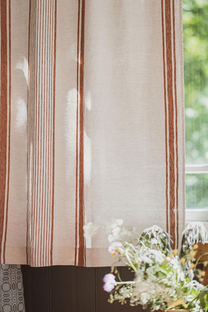 French style linen curtain with burnt orange stripes and multifunctional heading tape