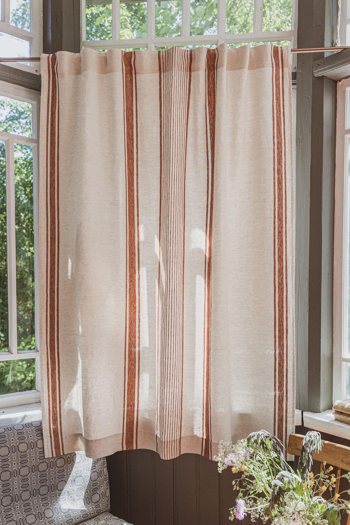 French style linen curtain with burnt orange stripes and multifunctional heading tape