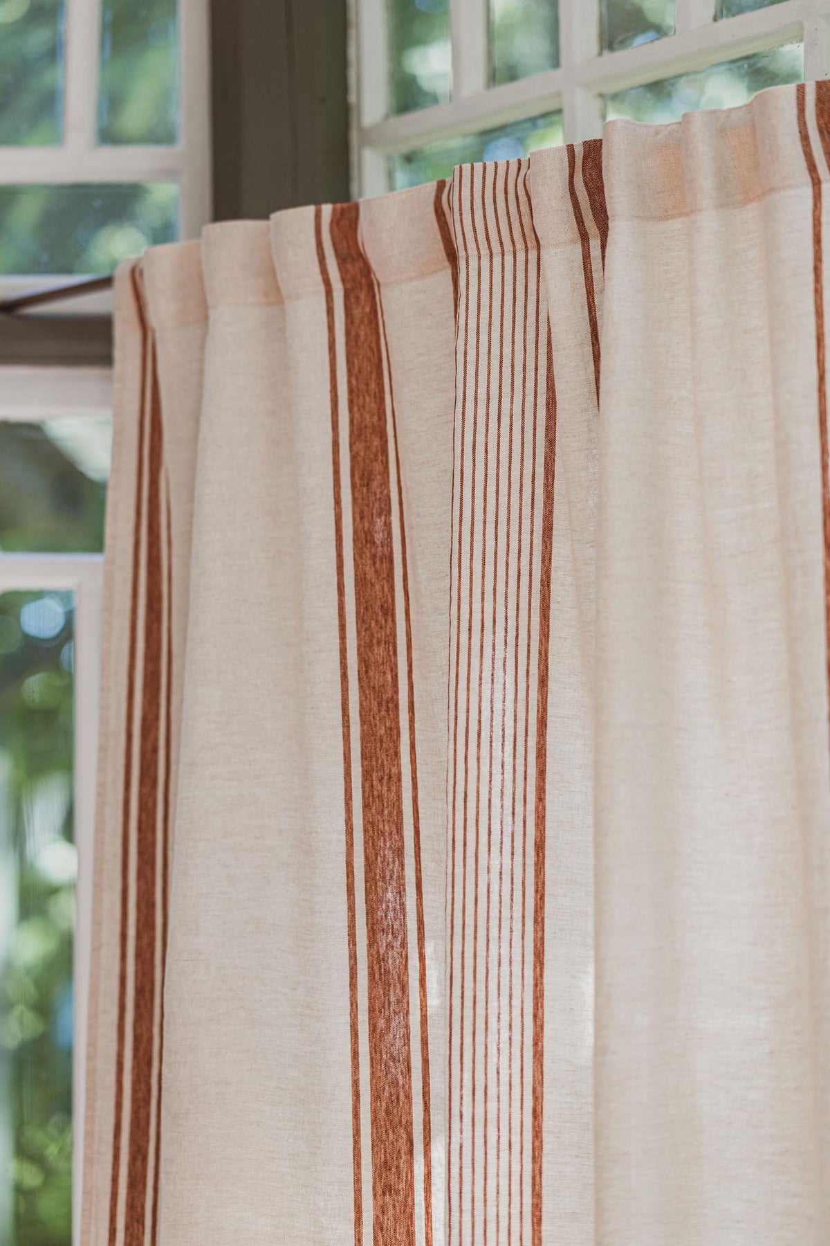 French style linen curtain with burnt orange stripes and multifunctional heading tape