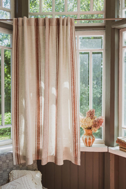 French style linen curtain with burnt orange stripes and multifunctional heading tape