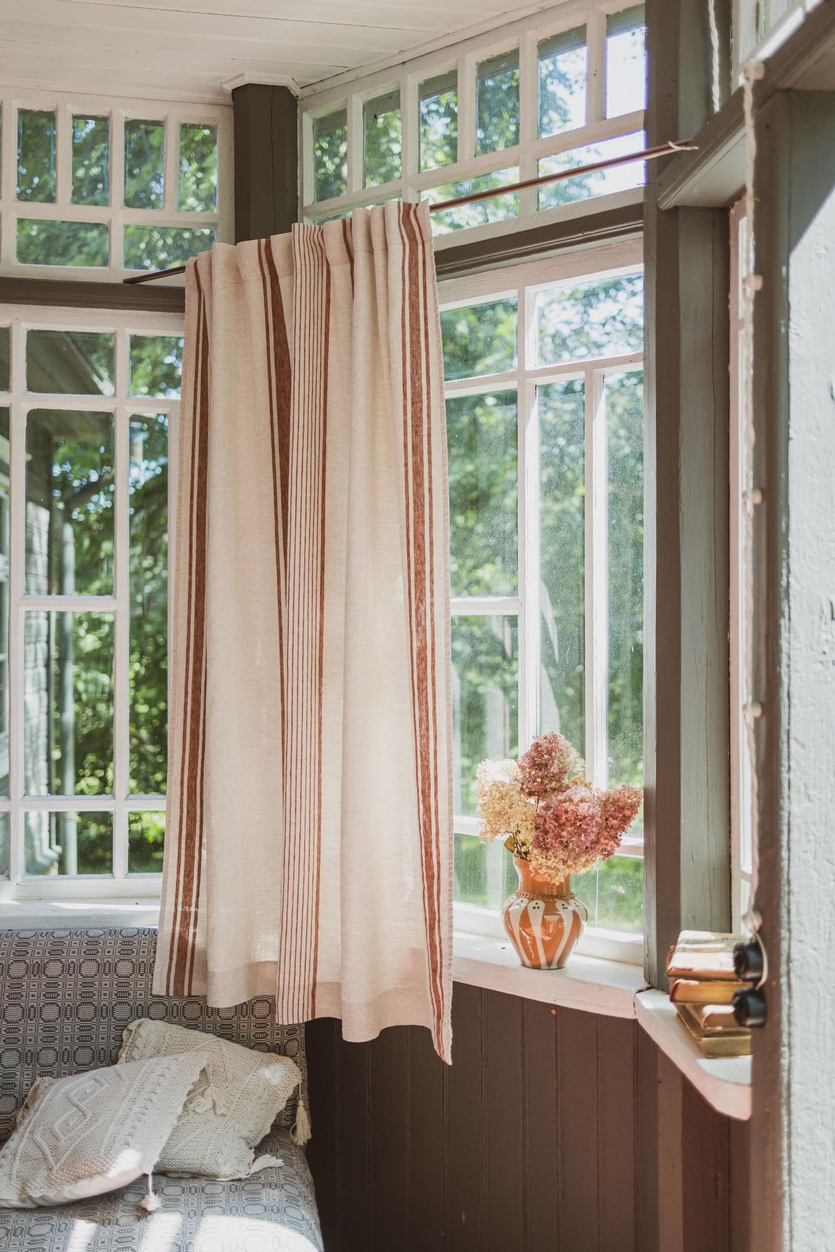French style linen curtain with burnt orange stripes and multifunctional heading tape