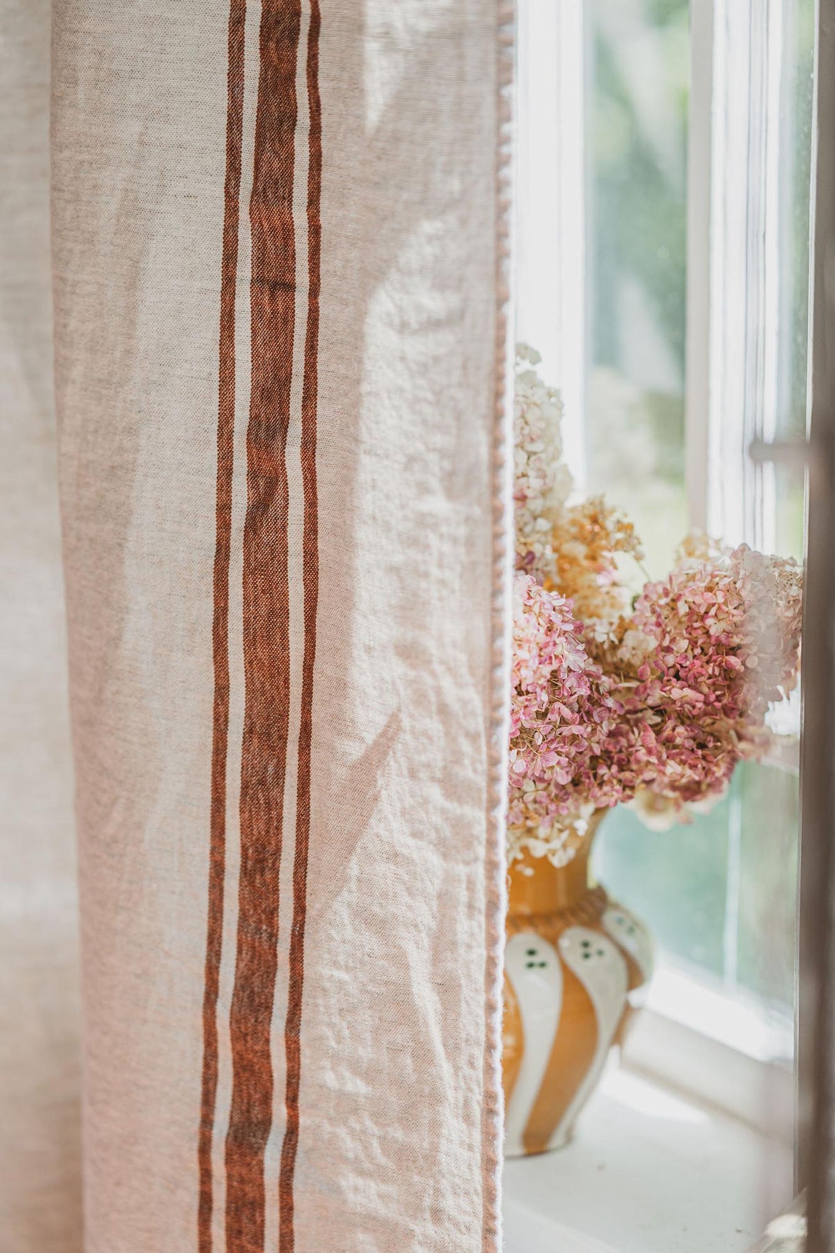 French style linen curtain with burnt orange stripes and multifunctional heading tape