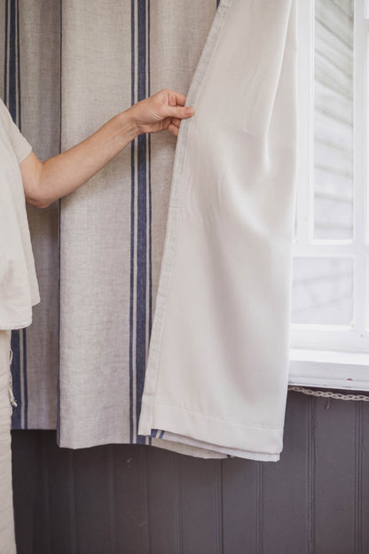 Blackout linen curtain with blue stripes and multifunctional heading tape
