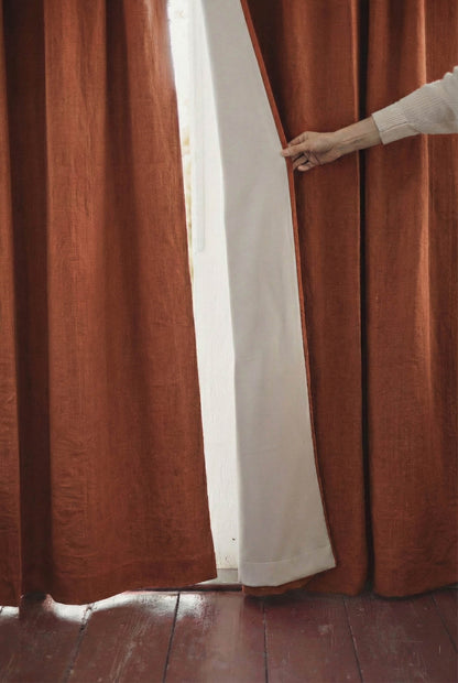 Heavyweight burnt orange linen blackout curtain with multifunctional heading tape