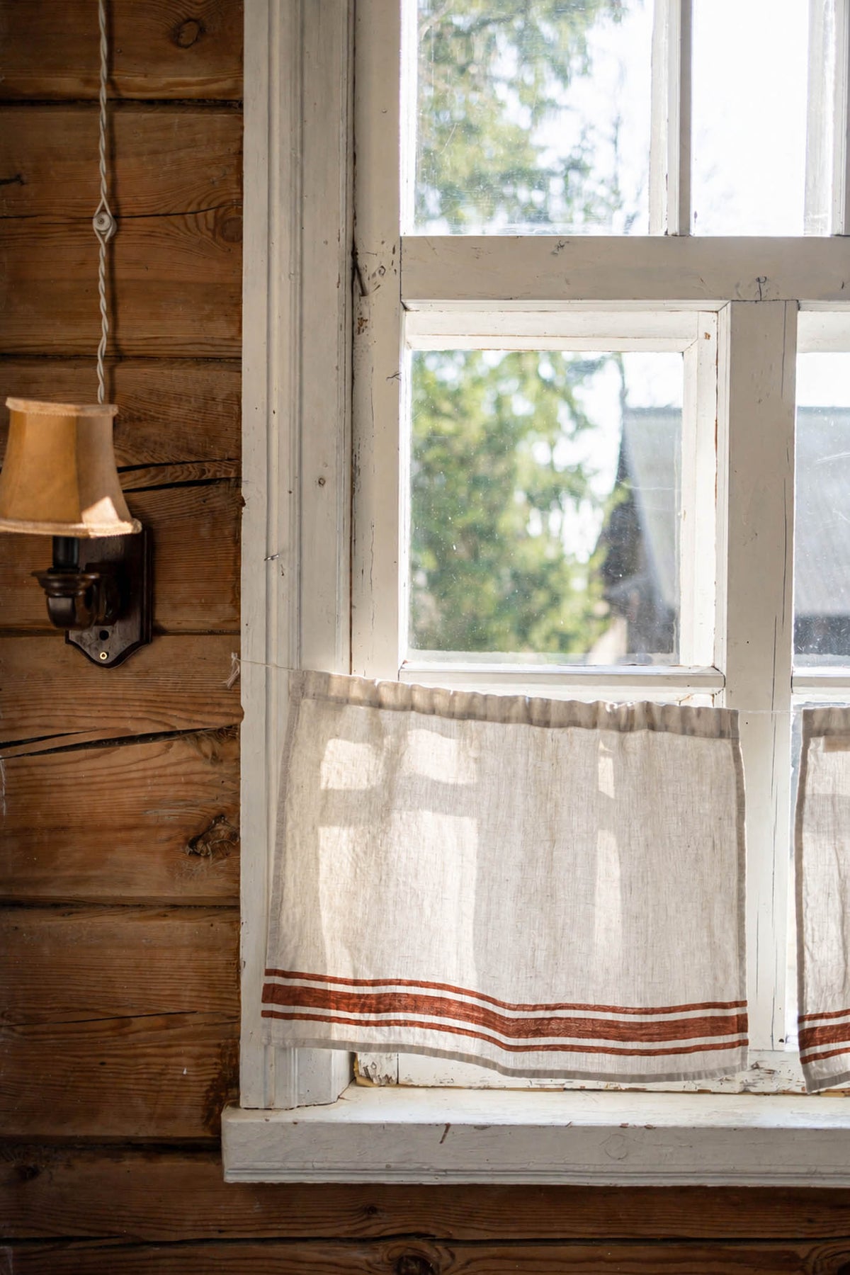 French style linen cafe curtain with burnt orange stripes