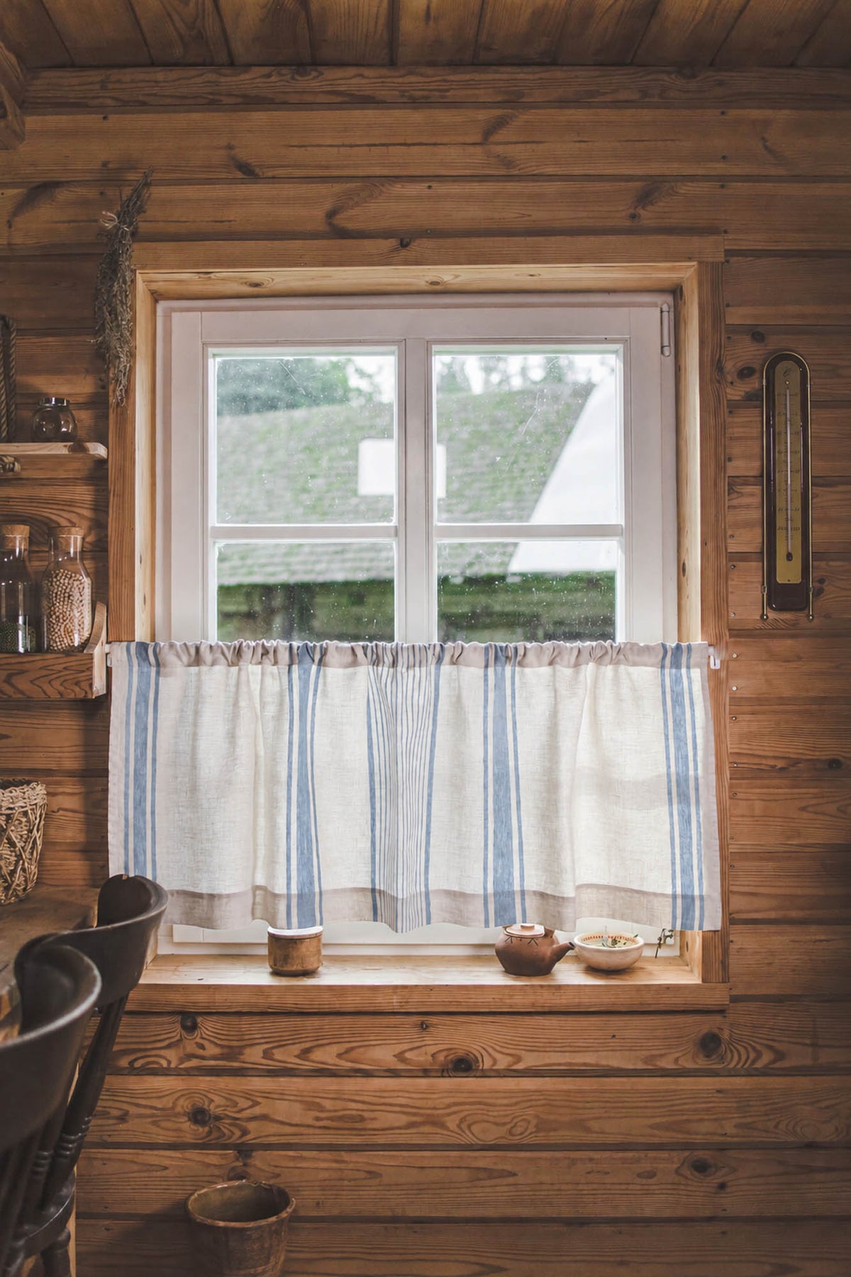 French style linen cafe curtain with classic coastal blue stripes