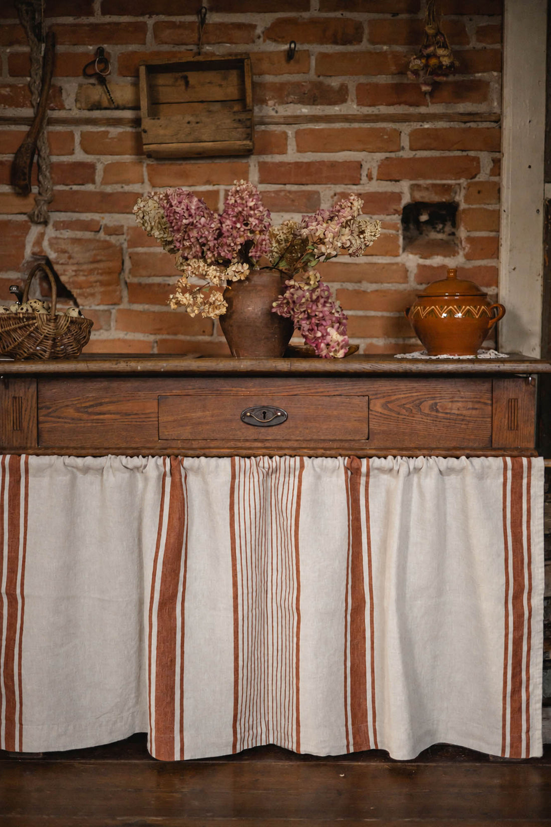 French style linen cabinet curtain with classic burnt orange stripes