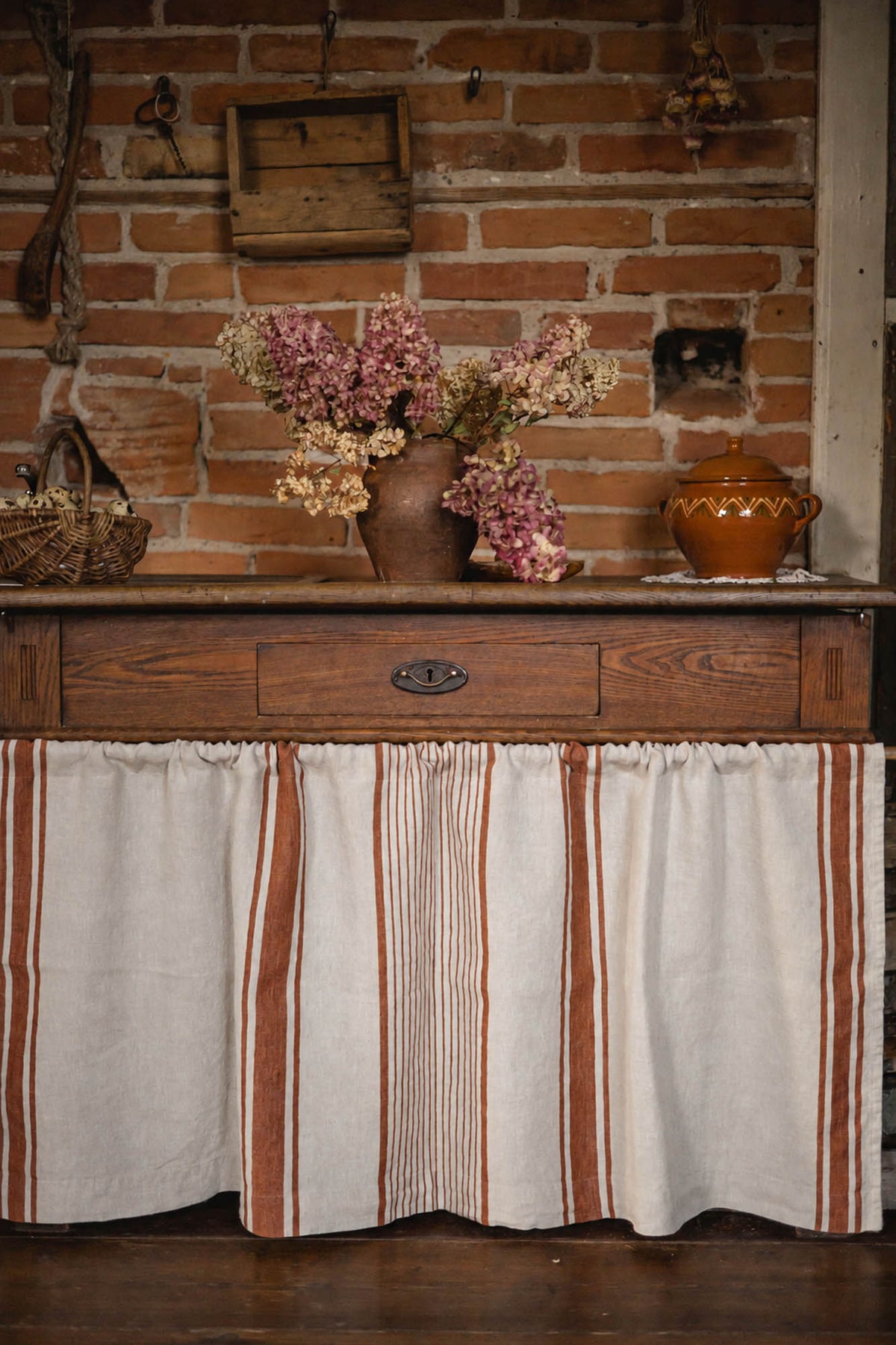 French style linen cabinet curtain with classic burnt orange stripes