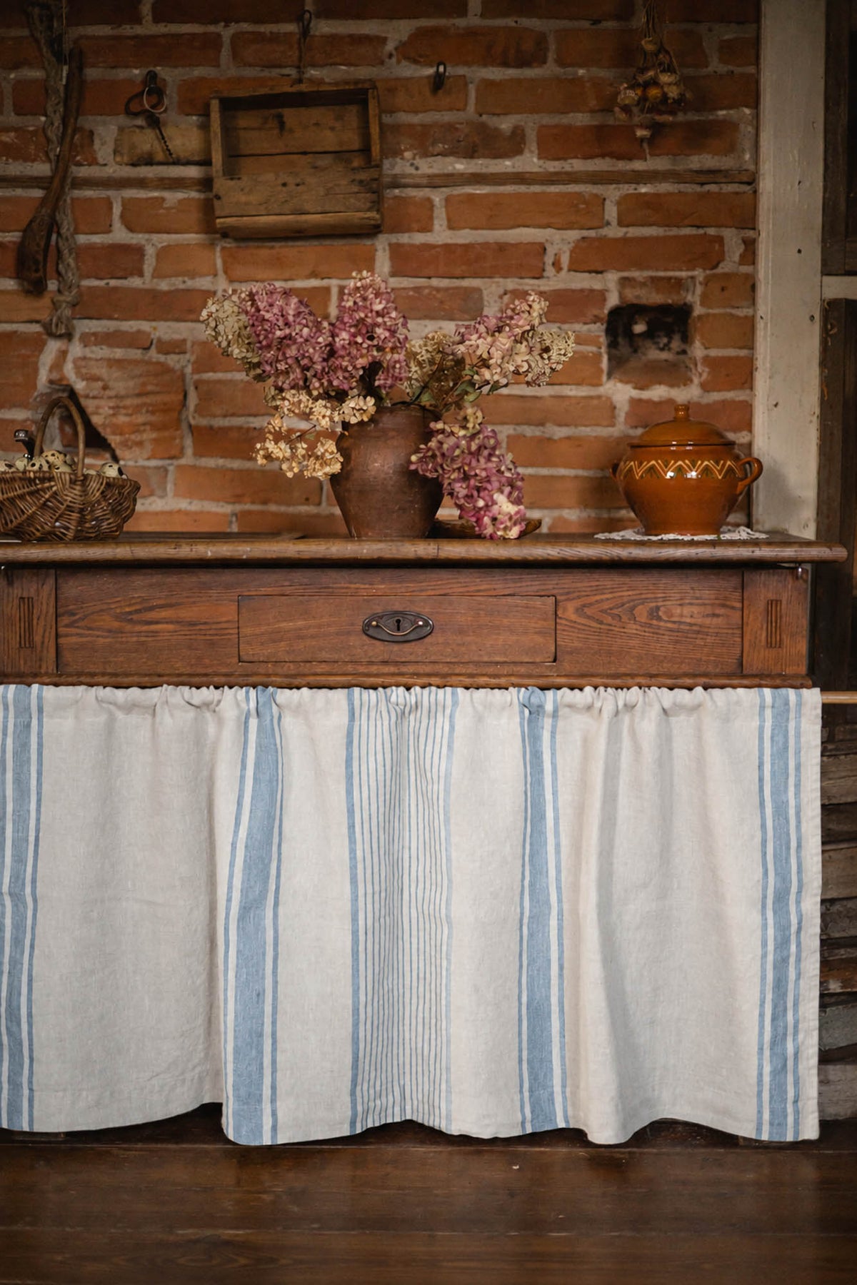 French style linen cabinet curtain with classic coastal blue stripes