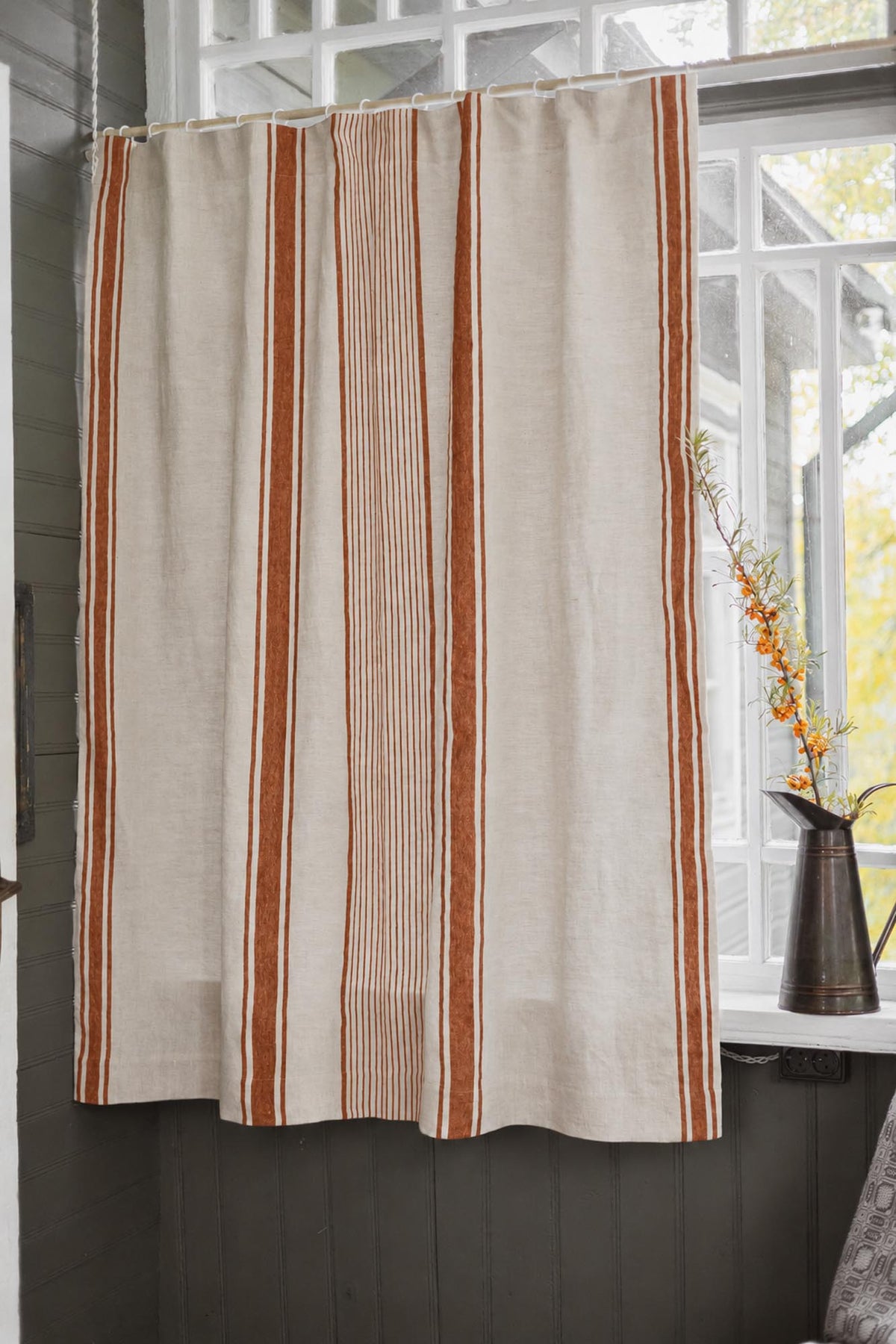 French style linen curtain with burnt orange stripes, cotton lining, and multifunctional heading tape