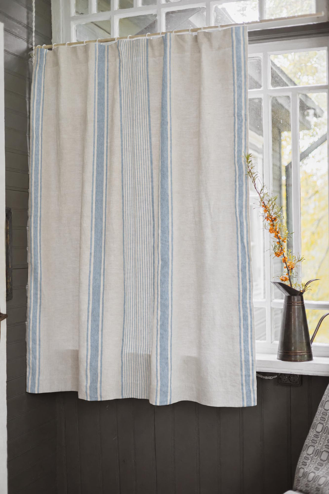 French style linen curtain with coastal blue stripes, cotton lining, and multifunctional heading tape