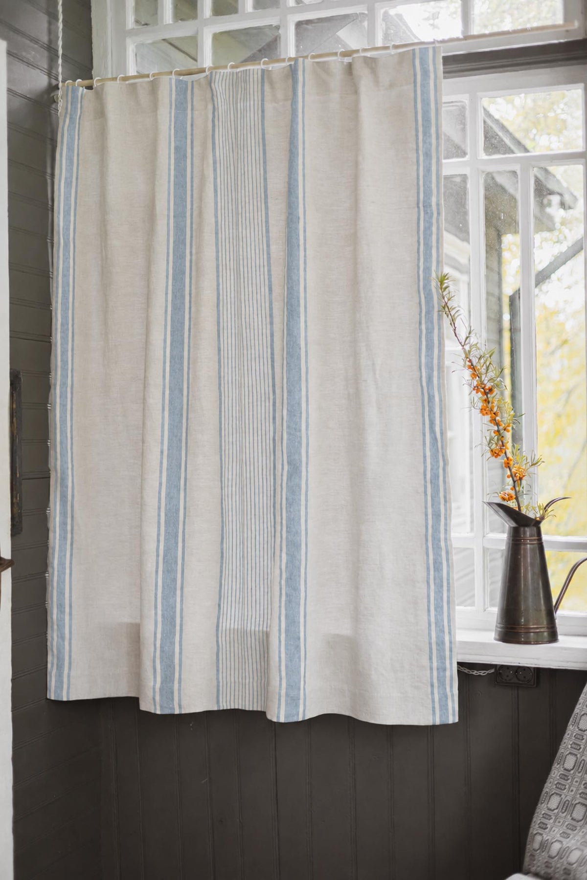 French style linen curtain with coastal blue stripes, cotton lining, and multifunctional heading tape