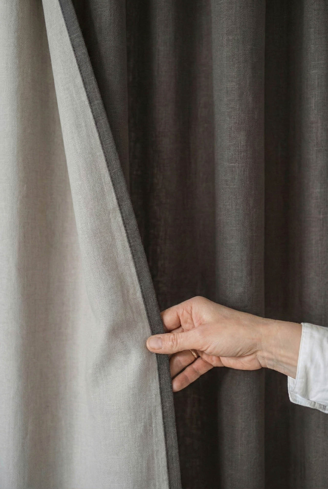 Heavyweight charcoal gray linen blackout curtain with multifunctional heading tape